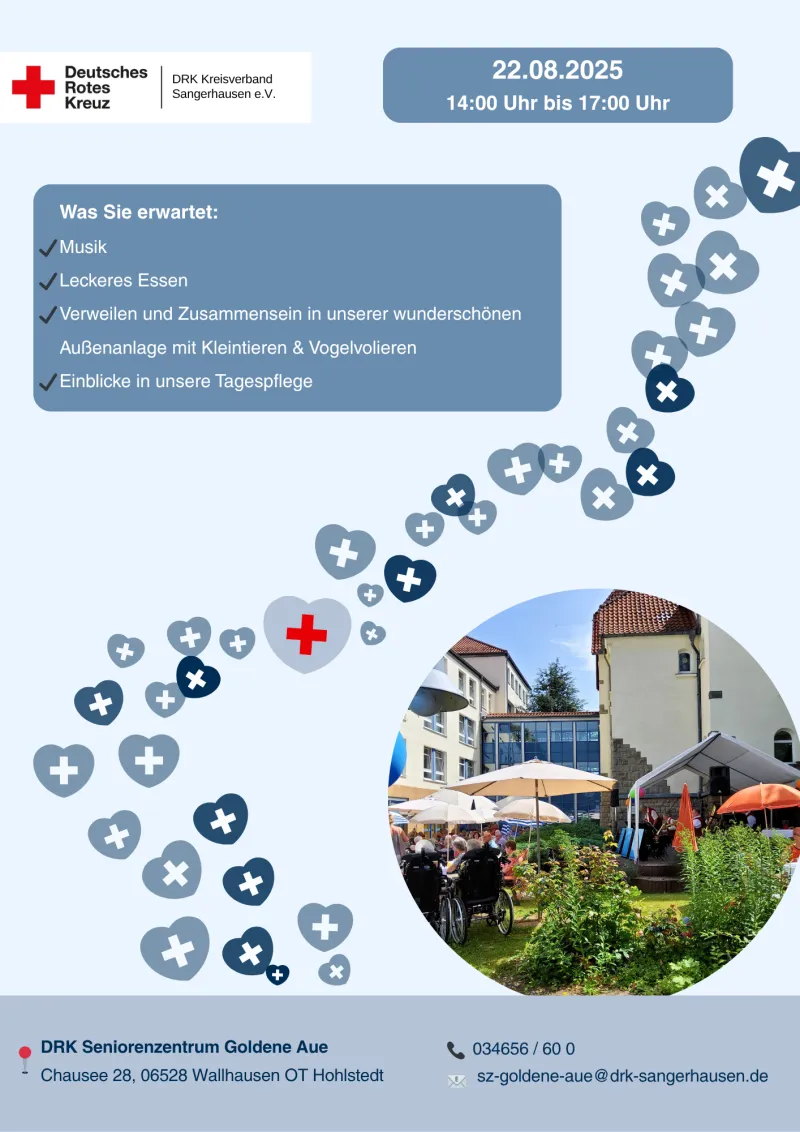 Einladung zum DRK Sommergarten in DRK Hohlstedt blauer Hintergrund mit Herzen und Textfeldern, Musik, Essen, Attraktionen